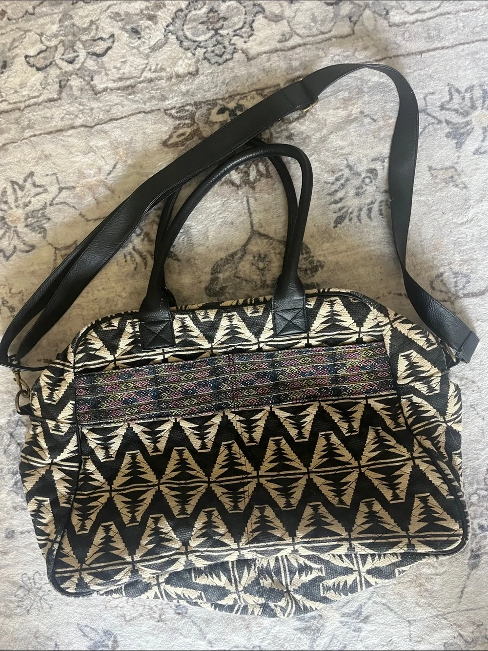 Black and Cream Geometric weekender bag with Multicolor Woven Accent